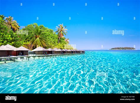Overwater Bungalows On Tropical Island With Sandy Beach Palm Trees