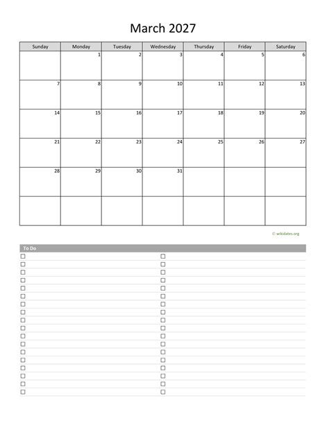 March 2027 Calendar With To Do List