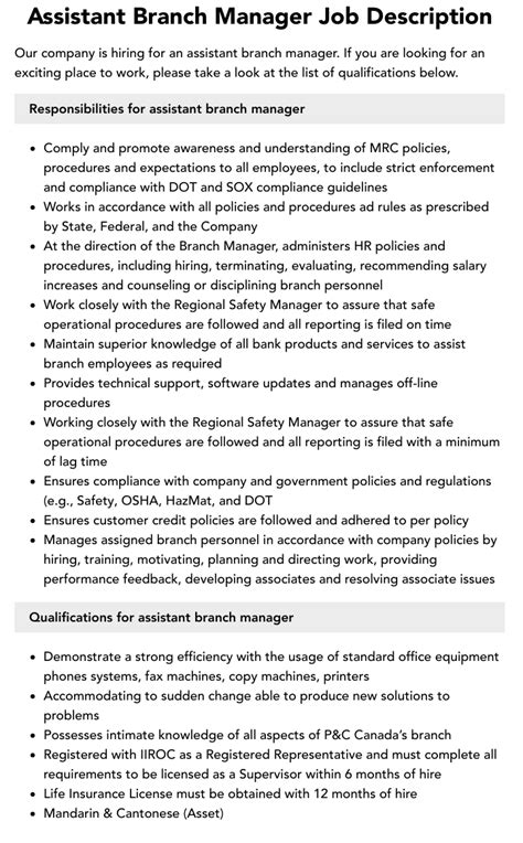 Assistant Branch Manager Job Description Velvet Jobs