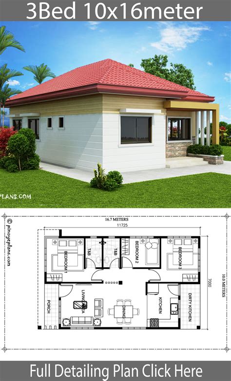Home Design 10x16m With 3 Bedrooms Bungalow Style House Plans House