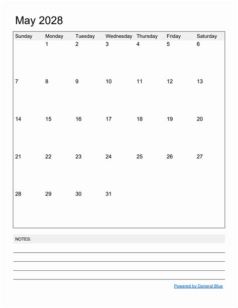 Free Printable Monthly Calendar For May 2028