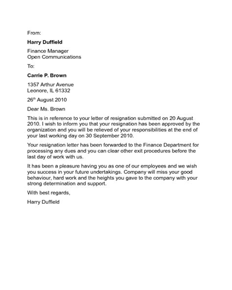 Sample Letter Acceptance Of Resignation
