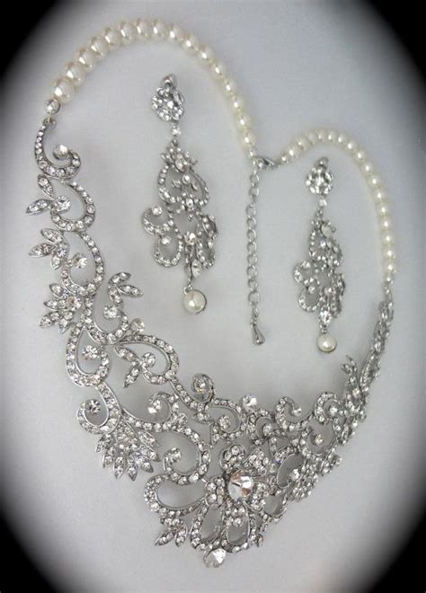 Bridal Jewelry Set ~ Rhinestone And Pearl Necklace And Earrings Set