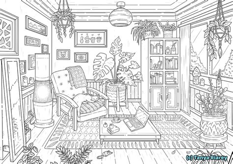 Interior Coloring Page Adult Colouring Book Cats And Plants Etsy Australia