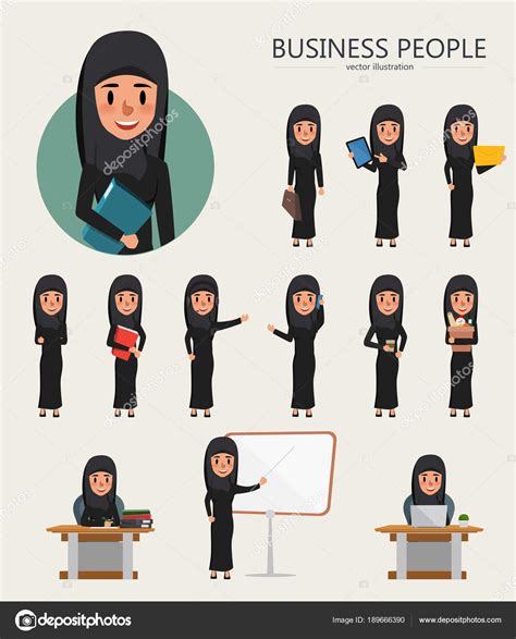 Set Of Business Arab Woman Character Design Cartoon Muslim Vector In