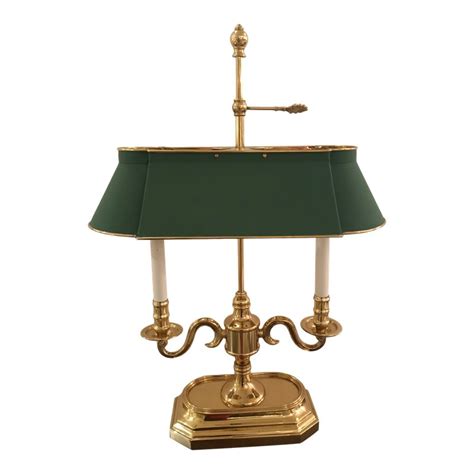 Brass Two Arm Table Lamp With Green Metal Shade Lamp Table Lamp