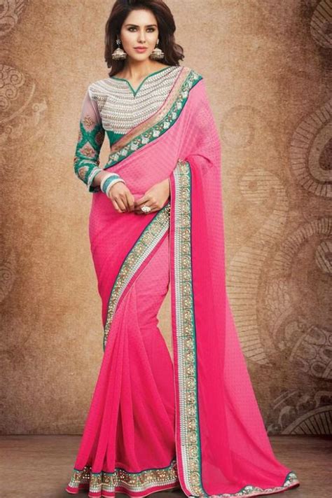 pink georgette party wear saree with maharani blouse indian party wear indian wedding outfits