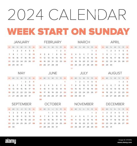 Simple 2024 Year Calendar Week Ausgeschnittene Stockfotos Und Bilder