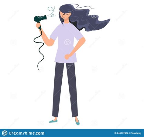 A Young Woman Dries Her Hair With A Hairdryergirl With A Hairdryer