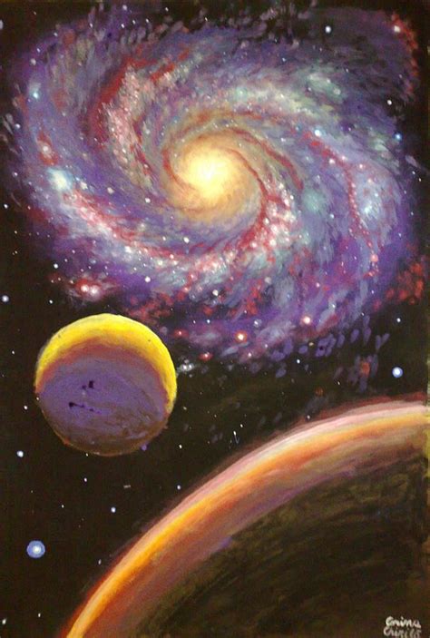 Galaxy Painting Galaxie Si Planete Pictura Tempera Painting By
