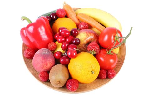 Fresh Fruits And Vegetables On Wooden Plate Stock Image Image Of