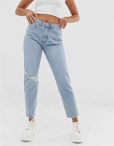Missguided Riot Mom Jeans With Rip In Stonewash Asos