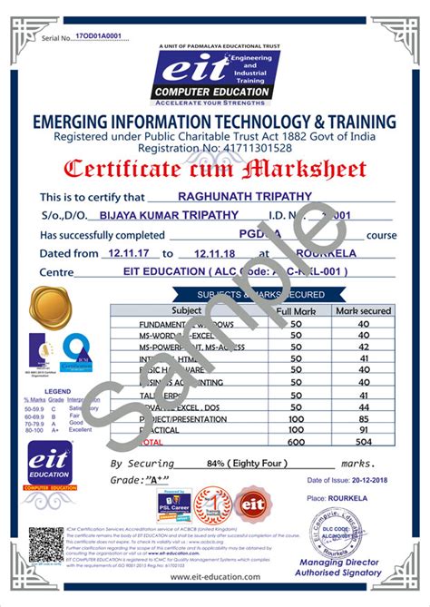 Sample Student Certificate Eit Best Computer Education Institute In