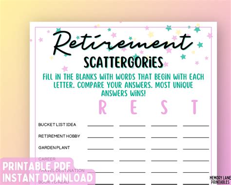 Retirement party game retirement scattergories game fun printable