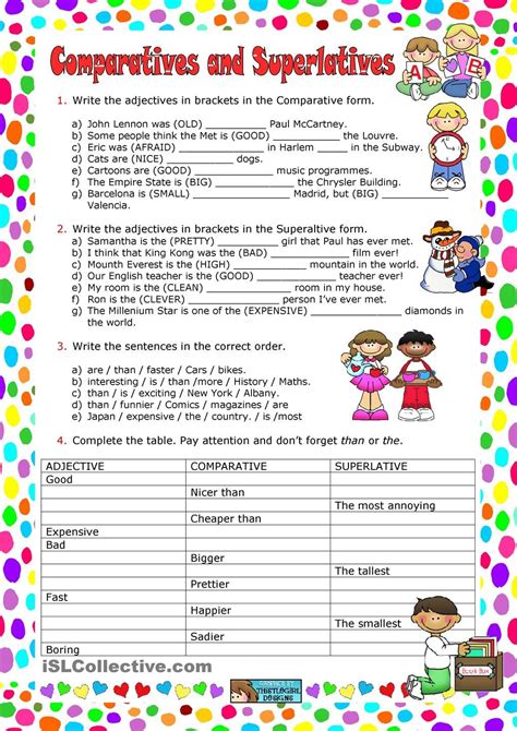 Comparatives And Superlatives English Grammar Exercises Teaching