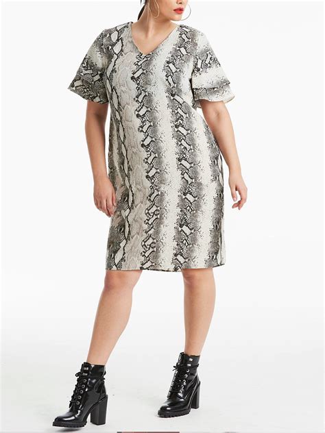 Capsule Capsule Grey Snake Print Ruffle Sleeve Dress Plus Size 16