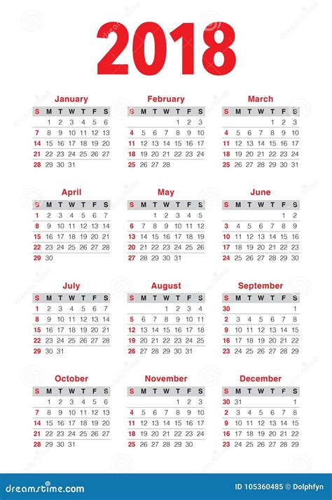 Year 2018 Calendar Vector Design Template Stock Vector Illustration