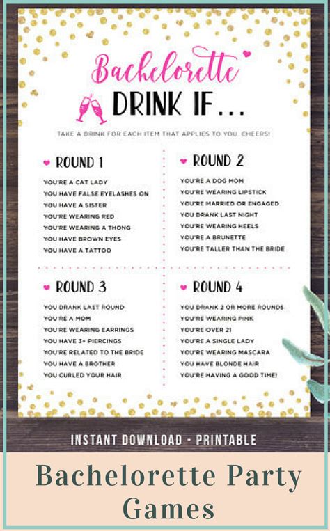 Bachelorette parties are all about hanging out with friends, creating memories and laughing your tail off! Bachelorette Party Games, Drink If Game, Printable ...