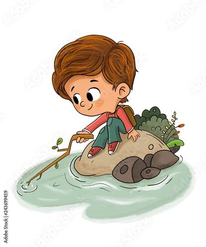 Niño Jugando Con El Agua En Un Rio Stock Illustration Adobe Stock