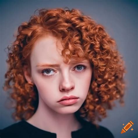 Close Up Portrait Of A Young Woman With Sad Eyes And Curly Hair