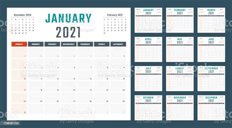 Kalender Voor 2021 Begint Zondag Vector Kalender Ontwerp 2021 Jaar