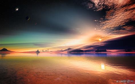 Art Alien Planet Rocks Sky Stars Lakeslandscape Reflection