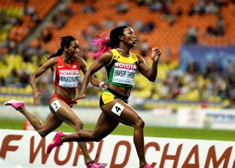 A 53.83 would have qualified fifth into friday's 100m free final. Shelly Ann Fraser Pryce of Jamaica celebrates after the ...