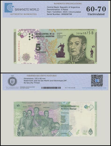 Argentina 5 Pesos Banknote 2015 Nd P 359 Unc Tap 60 70 Authenticated