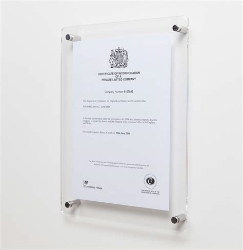 Wall Mounted Clear Acrylic Photocertificate Frame For Us Letter Size