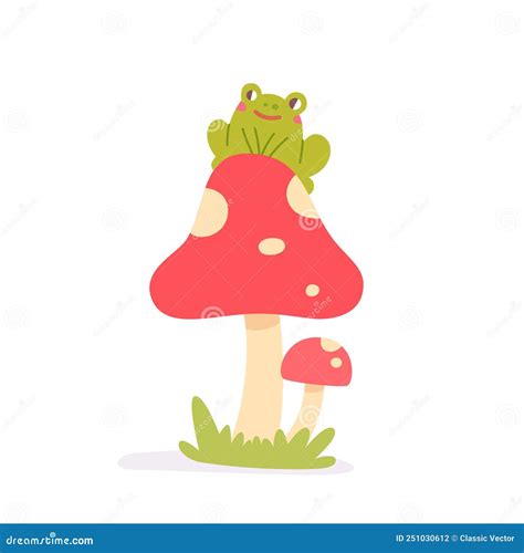 Funny Green Adorable Frog Sitting On Fly Agaric Mushrooms Cute Forest Toad And Toadstool Stock