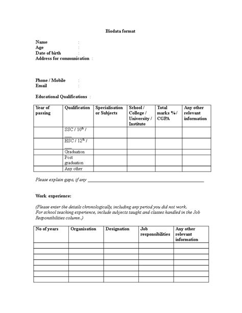 A resume is a maximum 2 page professionally written document that focuses on career history, professional skills, and academic details of the job applicant. Biodata table format word template | Templates at allbusinesstemplates.com