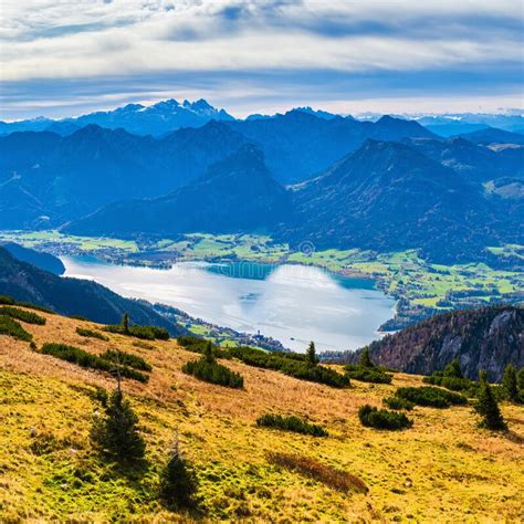 Picturesque Autumn Alps Mountain Wolfgangsee Lake View From Schafberg