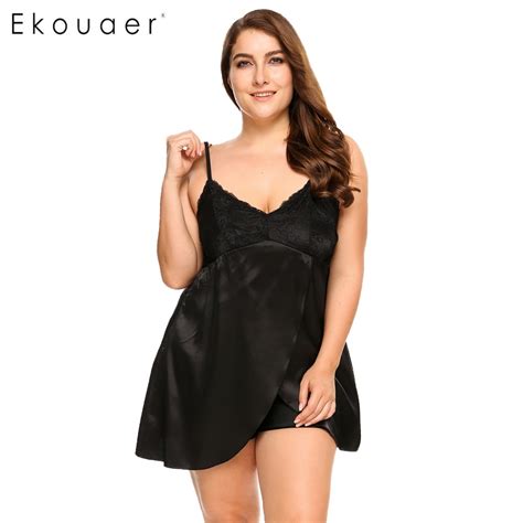 Ekouaer Brand Plus Size Sleepwear Split Lace Satin Chemises Nightgown Solid Spaghetti Strap Home