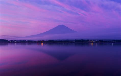 Sky Volcano Japan Lights Reflection Shore Clouds Fujiyama Lilac