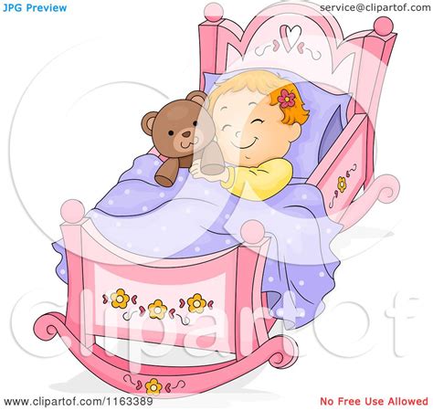 Cartoon Of A Baby Girl Sleeping In A Rocking Cradle With A Teddy Bear