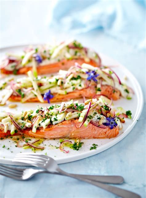Baked Salmon With Green Apple And Pine Nut Salad Pine Nut Salad Recipe