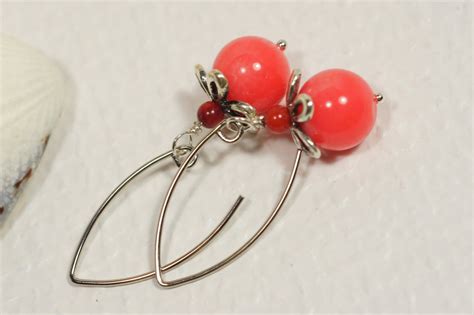 Salmon Pink Coral Earrings Gemstone Earrings Floral Silver Etsy