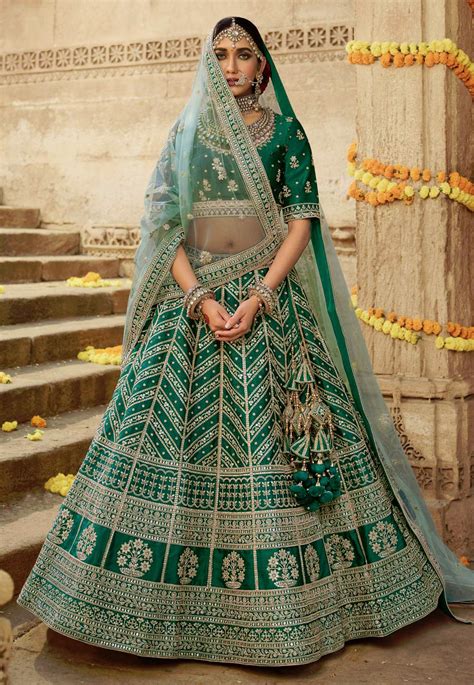 Green Silk Embroidered Wedding Lehenga Choli 924c