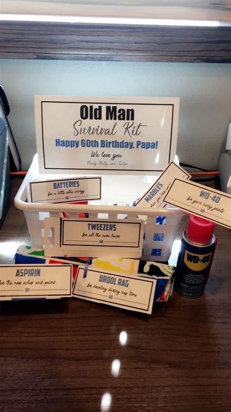 It's so good, your dad will love using it even if he is in fine health! Old Man Survival Kit WD40, Tweezers, drool bib, marbles ...