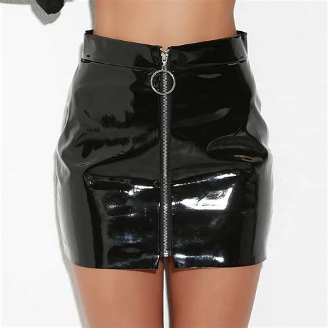 High Waist Glossy Short Pu Leather Mini Skirt Party Jupe Sexy Zipper Ring Punk White Black