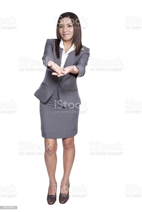 Full Body Businesswoman Gesture Attractive Presenting Someting Stock