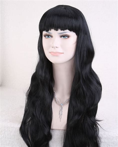 Long Wavy Black Wigs With Side Bangs Synthetic Body Wave Fiber Wig