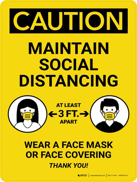 caution maintain social distancing 3ft wear a face mask covering portrait wall sign