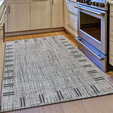 Kitchen Rug Grey Black Border Pattern Hard Wearing Flat Weave Carpet I