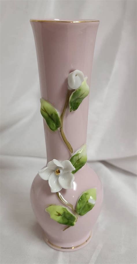 Vintage 1950s Vase Small Pink Lefton Bud Vase White 3d Flowers Etsy
