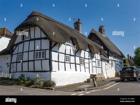 Traditional Thatched Cottages In Micheldever Hampshire England Uk