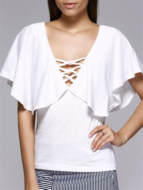 41 Off 2021 Flounced Lace Up Low Cut Blouse In White Dresslily