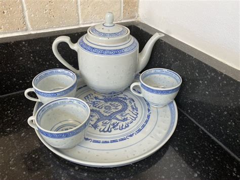 Vintage Jing De Zhen Blue And White Rice Eye Pattern Dragon Tea Set With 5 Cup Teapot Scented