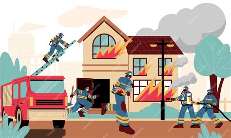 Premium Vector | Firefighters at burning house fireman characters