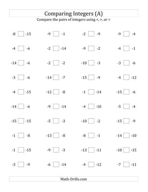 Compare Negative Numbers Worksheet